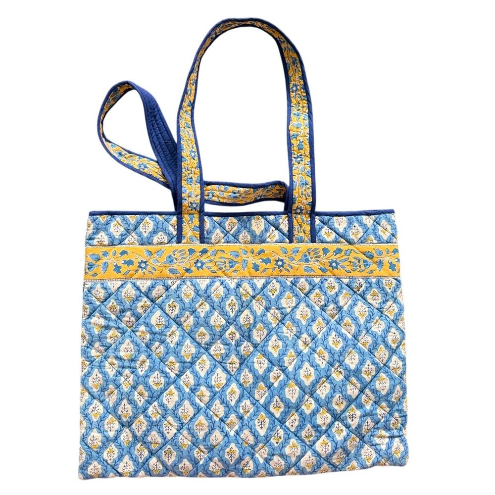 Pomegranate Inc. Yellow & Blue Floral Indian Block Print Cotton Tote Bag